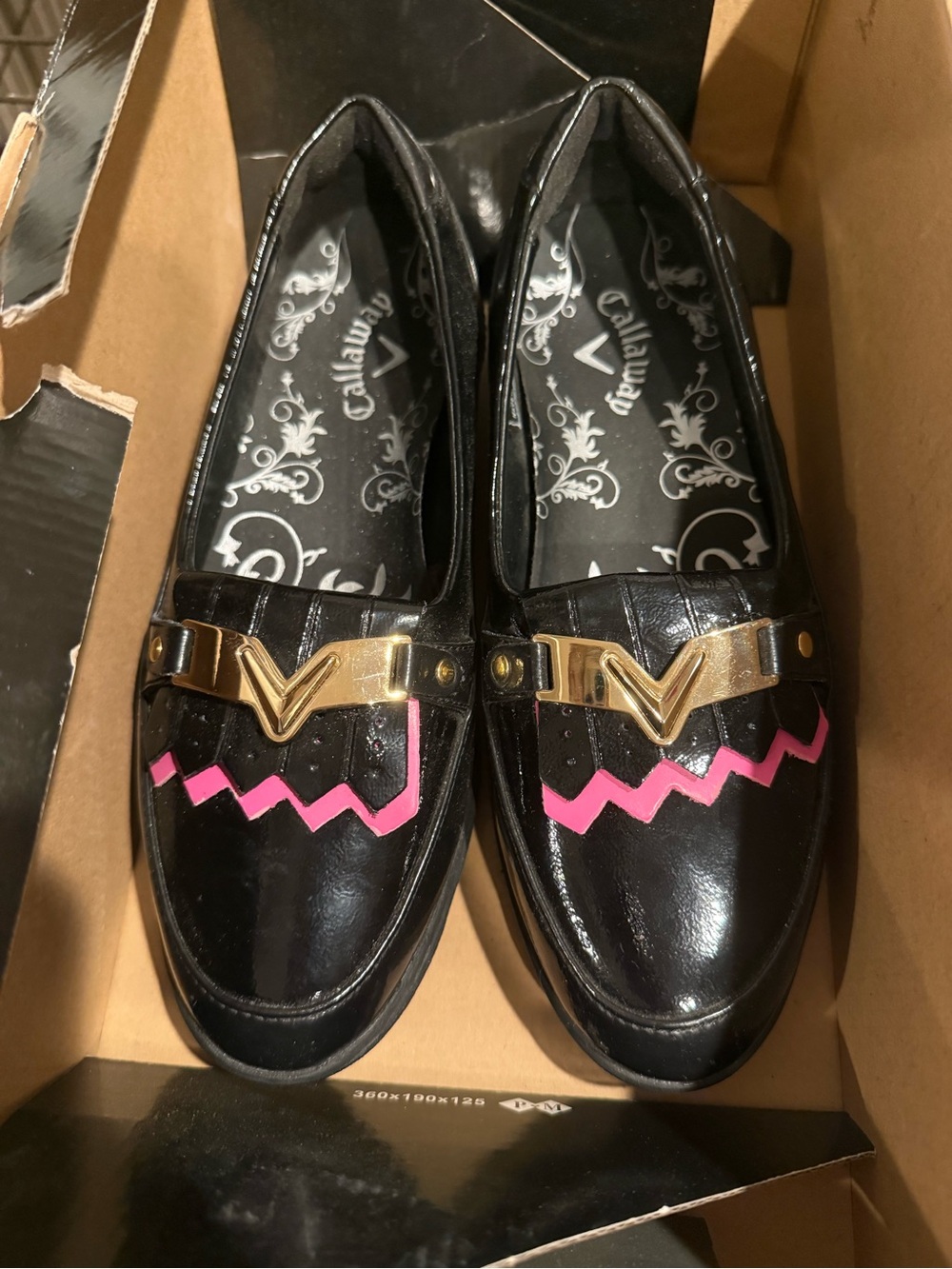 Callaway Black Patent Loafers with Gold V Buckle and Pink Zigzag